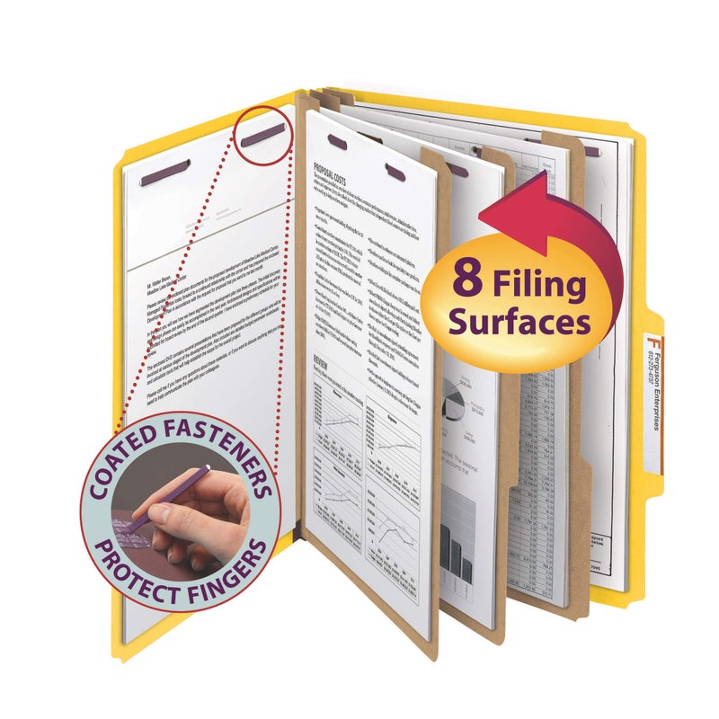Smead Pressboard Classification File Folder with SafeSHIELDÂ® Fasteners, 3 Dividers, 3" Expansion, Letter Size, Yellow, 10 per Box (14098) (Pack of 1) - Image 2